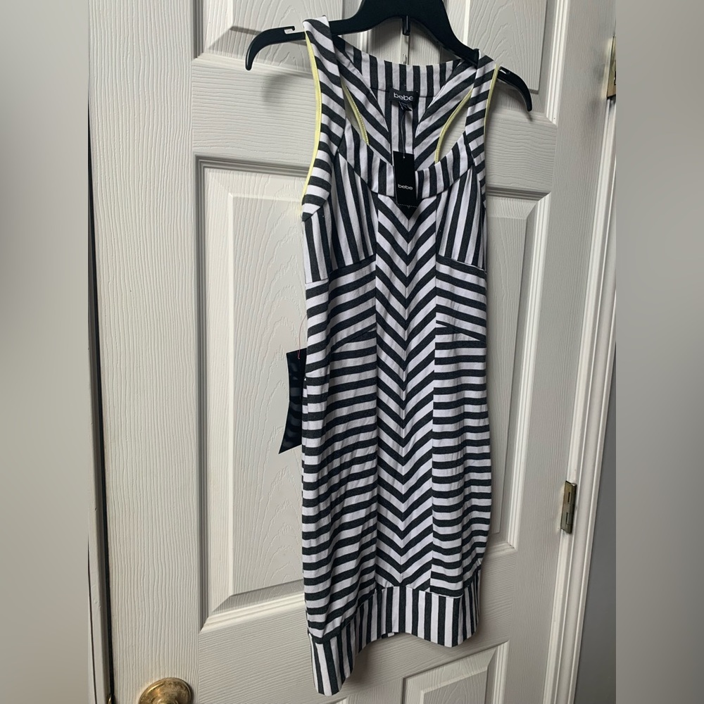 Bebe brand, body con style dress, small, brand new with tags, grey and white